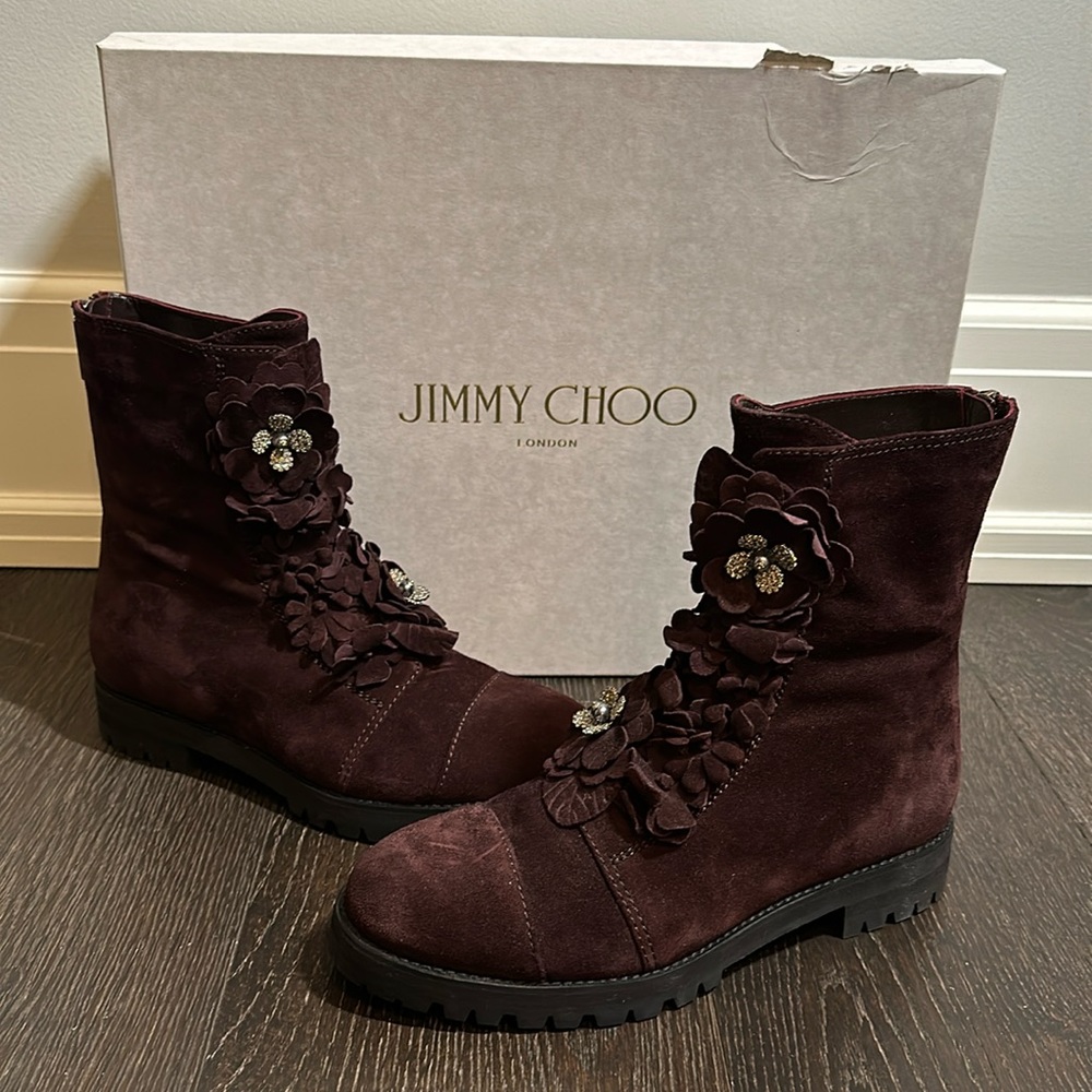JIMMY CHOO Havana Flat Burgundy Suede Boots Floral Flower Size 39.5 *NEVER WORN*